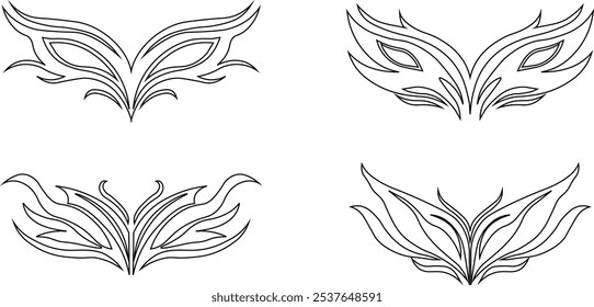 Tribal tattoo icons set. Silhouette flat and line black vector isolated on transparent background Neo tribal y2k aesthetic tattoo gothic cover, fire or wings abstract element collection. Divider body.