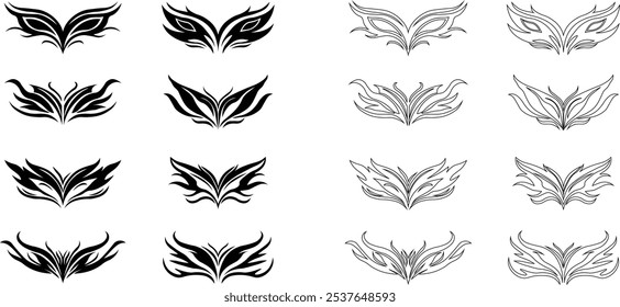 Tribal tattoo icons set. Silhouette flat and line black vector isolated on transparent background Neo tribal y2k aesthetic tattoo gothic cover, fire or wings abstract element collection. Divider body.