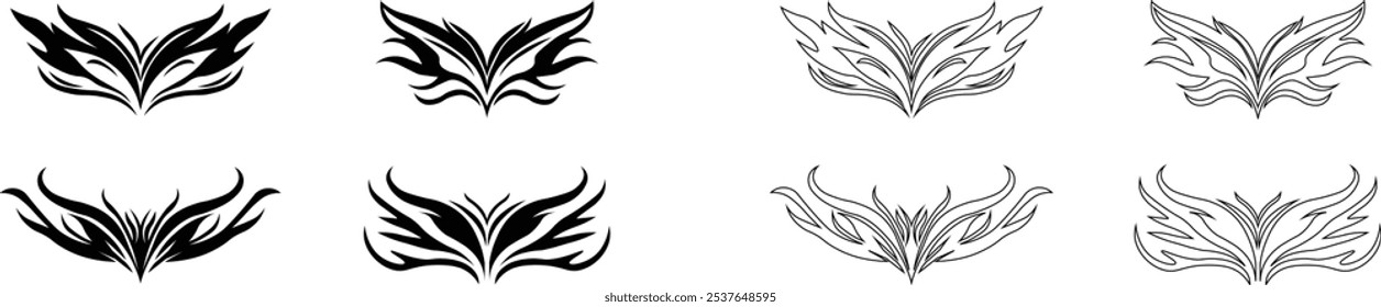 Tribal tattoo icons set. Silhouette flat and line black vector isolated on transparent background Neo tribal y2k aesthetic tattoo gothic cover, fire or wings abstract element collection. Divider body.