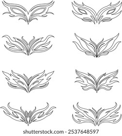 Tribal tattoo icons set. Silhouette flat and line black vector isolated on transparent background Neo tribal y2k aesthetic tattoo gothic cover, fire or wings abstract element collection. Divider body.