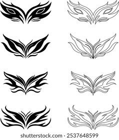 Tribal tattoo icons set. Silhouette flat and line black vector isolated on transparent background Neo tribal y2k aesthetic tattoo gothic cover, fire or wings abstract element collection. Divider body.