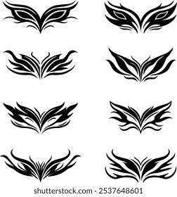 Tribal tattoo icons set. Silhouette flat and line black vector isolated on transparent background Neo tribal y2k aesthetic tattoo gothic cover, fire or wings abstract element collection. Divider body.