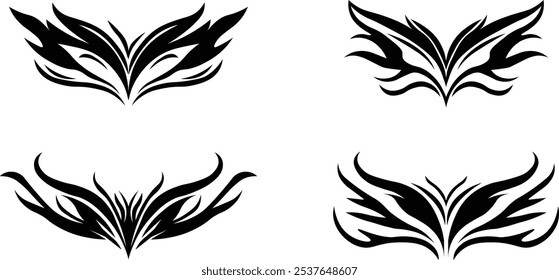 Tribal tattoo icons set. Silhouette flat and line black vector isolated on transparent background Neo tribal y2k aesthetic tattoo gothic cover, fire or wings abstract element collection. Divider body.