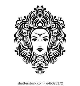 Tribal tattoo illustration of girl face and hair Beautiful asian princess divine girl with ornate hair. Adult anti stress coloring book page. Bohemian goddess.Hand drawn outline elegant illustration