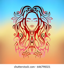 Tribal tattoo illustration of girl face with close eyes and hair Beautiful divine girl with ornate hair. Adult anti stress coloring book page. Bohemian goddess.Hand drawn outline elegant illustration