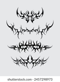 Tribal tattoo shape collection aset bundle Brutalism element acid poster, illustration vector t shirt design, symbol sick editable