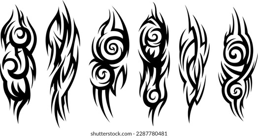 Tatuaje tribal. Ilustración de silueta. Conjunto de elementos abstractos aislados.