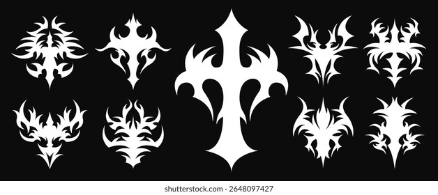 Tribal Tattoo Symbol Set on Black Background with Cross and Elements for Gothic, Cybersigilism, Neo Tribal, and Fantasy Design Illustration