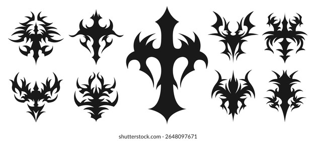 Tribal Tattoo Symbol Set on Transparent Background with Cross and Elements for Gothic, Neo Tribal, Cybersigilism, and Fantasy Tattoo Design Illustration