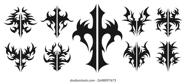 Tribal Tattoo Symbol Set on Transparent Background with Cross and Elements for Gothic, Neo Tribal, Cybersigilism, and Fantasy Tattoo Design Illustration