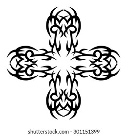 Tribal tattoo vector design sketch. Art cross decorative black ornament. Simple logo on white background. Designer isolated abstract element for arm, leg, shoulder men and women.