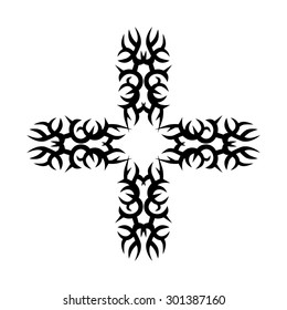 Tribal tattoo vector design sketch. Art cross decorative black ornament. Simple logo on white background. Designer isolated abstract element for arm, leg, shoulder men and women.