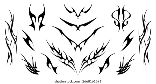 Vetor de tatuagem tribal com chamas, asas e formas pretas simétricas. Design decorativo abstrato para estêncil, flash, arte de motociclista e tinta corporal. Ilustração vetorial isolada em um fundo branco