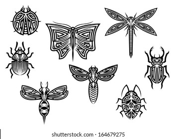 Tribal tattoos set with ornamental elements of insects for design