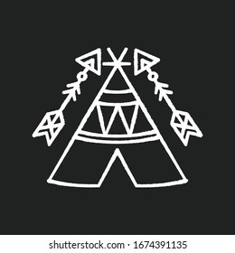 Tribal teepee in boho style chalk white icon on black background. Native American Indian dwelling. Hut with ornaments. Wigwam and arrows. Ethnic decoration. Isolated vector chalkboard illustration