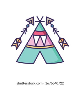 Tribal teepee in boho style RGB color icon. Native American Indian dwelling. Hut with ethnic ornaments. Wigwam and arrows. Ethnic decoration. Isolated vector illustration