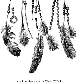 Tribal theme background with hand drawn feathers 