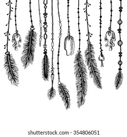 Tribal theme background with hand drawn feathers. Seamless border. Lineart. Vector illustration. Elements in native style for greeting card and postcard, henna and tattoo design.