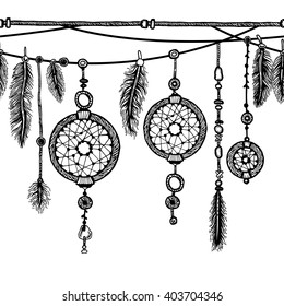 Tribal theme background with hand drawn feathers. Seamless border. Lineart. Vector illustration. Elements in native style for greeting card and postcard, henna and tattoo design.