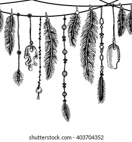 Tribal theme background with hand drawn feathers. Seamless border. Lineart. Vector illustration. Elements in native style for greeting card and postcard, henna and tattoo design.