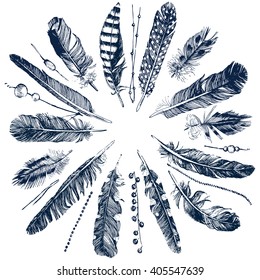 Tribal theme background with hand drawn feathers