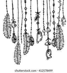 Tribal theme background with hand drawn feathers. Seamless border. Lineart. Vector illustration. Elements in native style for greeting card and postcard, henna and tattoo design.