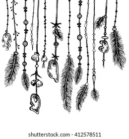 Tribal theme background with hand drawn feathers. Seamless border. Lineart. Vector illustration. Elements in native style for greeting card and postcard, henna and tattoo design.