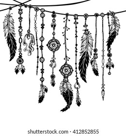 Tribal theme background with hand drawn feathers. Seamless border. Lineart. Vector illustration. Elements in native style for greeting card and postcard, henna and tattoo design.