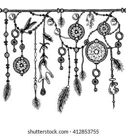Tribal theme background with hand drawn feathers. Seamless border. Lineart. Vector illustration. Elements in native style for greeting card and postcard, henna and tattoo design.