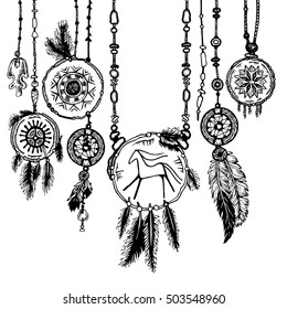 Tribal theme background with hand drawn feathers. Lineart. Vector illustration. Elements in native style for greeting card and postcard, henna and tattoo design.