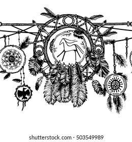 Tribal theme background with hand drawn feathers. Seamless border. Lineart. Vector illustration. Elements in native style for greeting card and postcard, henna and tattoo design.