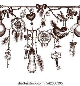 Tribal theme background with hand drawn feathers. Seamless border. Lineart. Vector illustration. Elements in native style for greeting card and postcard, henna and tattoo design.