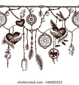 Tribal theme background with hand drawn feathers. Seamless border. Lineart. Vector illustration. Elements in native style for greeting card and postcard, henna and tattoo design.