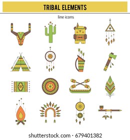Tribal thin line icons set, vector illustration. Boho elements, bohemian style, ethnic american symbols. Colored isolated illustrations. Simple mono linear modern design.