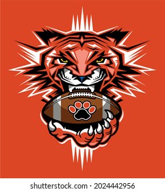 Tribal Tiger Football Mascot Holding Ball In Paw For School, College Or League