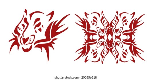 Tribal tiger head and tiger butterfly