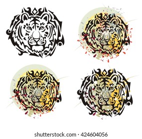 Tribal tiger head splashes. Grunge tiger head with floral splashes and blood drops opposite to the decorative sun. Four options