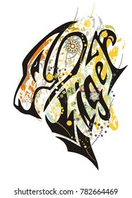 Tribal tiger head text colorful pattern. Stylization of the growling tiger head in the form of text writing in grunge style