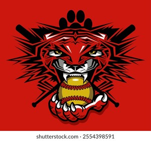 tribal tiger mascot biting softball for school, college or league sports