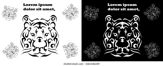 Tribal tiger set illustration, tiger in tribal style, ornamental white line tiger. Animal tattoo silhouette.