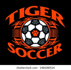 tribal tiger soccer team design with paw prints inside ball for school, college or league