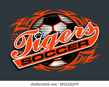 tribal tigers soccer team design in script with ball for school, college or league