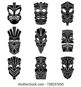 Tribal tiki mask black silhouettes vector set. Flat icons isolated on white background.