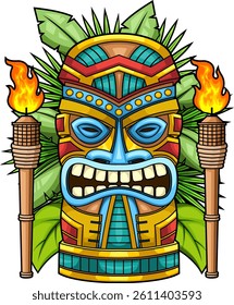 Tribal Tiki Mask With Fire Torches And Tropical Leaves - Vector Hand Drawn Illustration Isolated On Transparent Background
