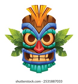 Tribal tiki mask with leaves and wide grin. Vector cartoon illustration