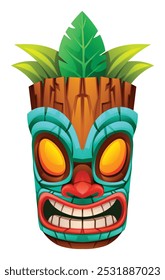 Tribal tiki mask with tropical leaves. Vector cartoon illustration