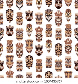 Tribal tiki mask vector seamless pattern on a white background for wallpaper, wrapping, packing, and backdrop. Cut wooden guise flat icon set.