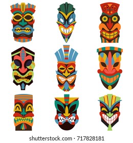 Máscara tribal tiki conjunto vectorial de colorido tejido de madera cortada. Iconos planos aislados en fondo blanco.