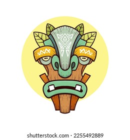 Tribal tiki masks Hawaiian totem culture vector wooden colored illustrations