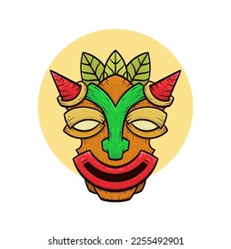 Tribal tiki masks Hawaiian totem culture vector wooden colored illustrations